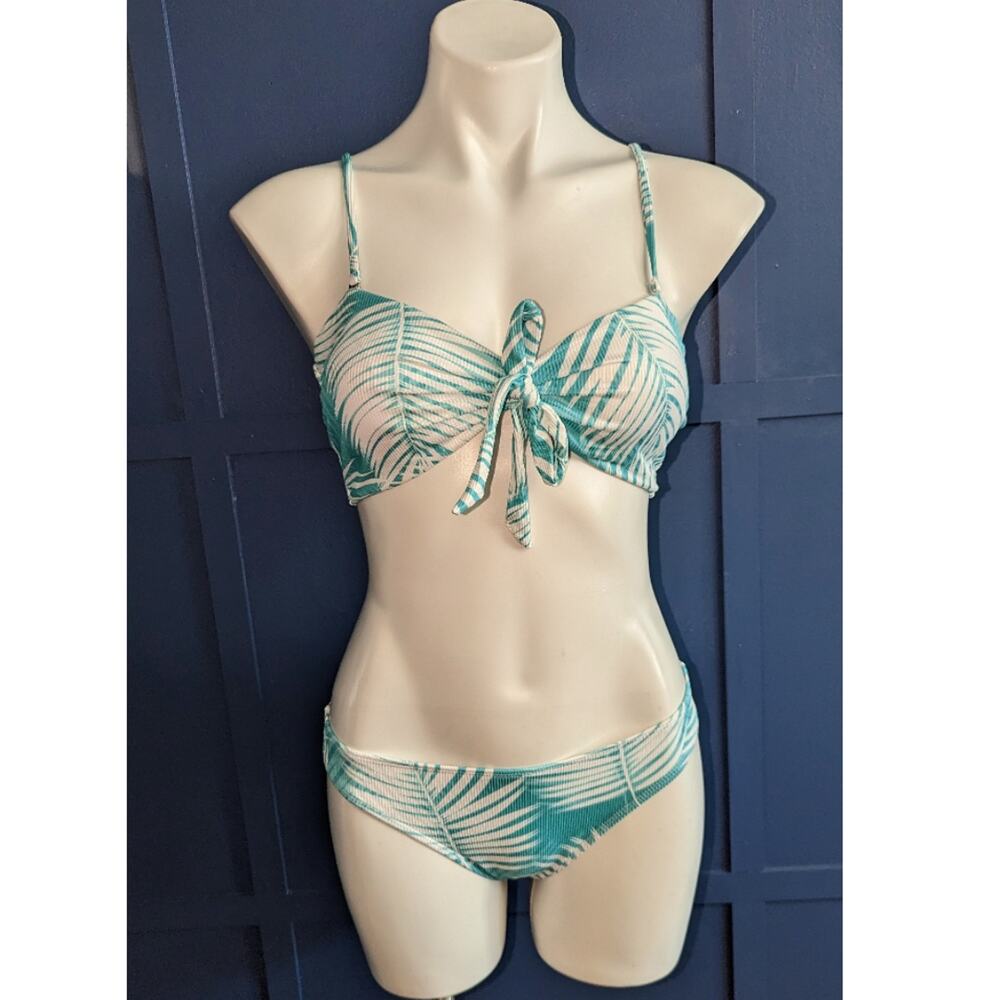 Shein Teal Tropical Palm Leaf Print Bikini  Bandeau New Small